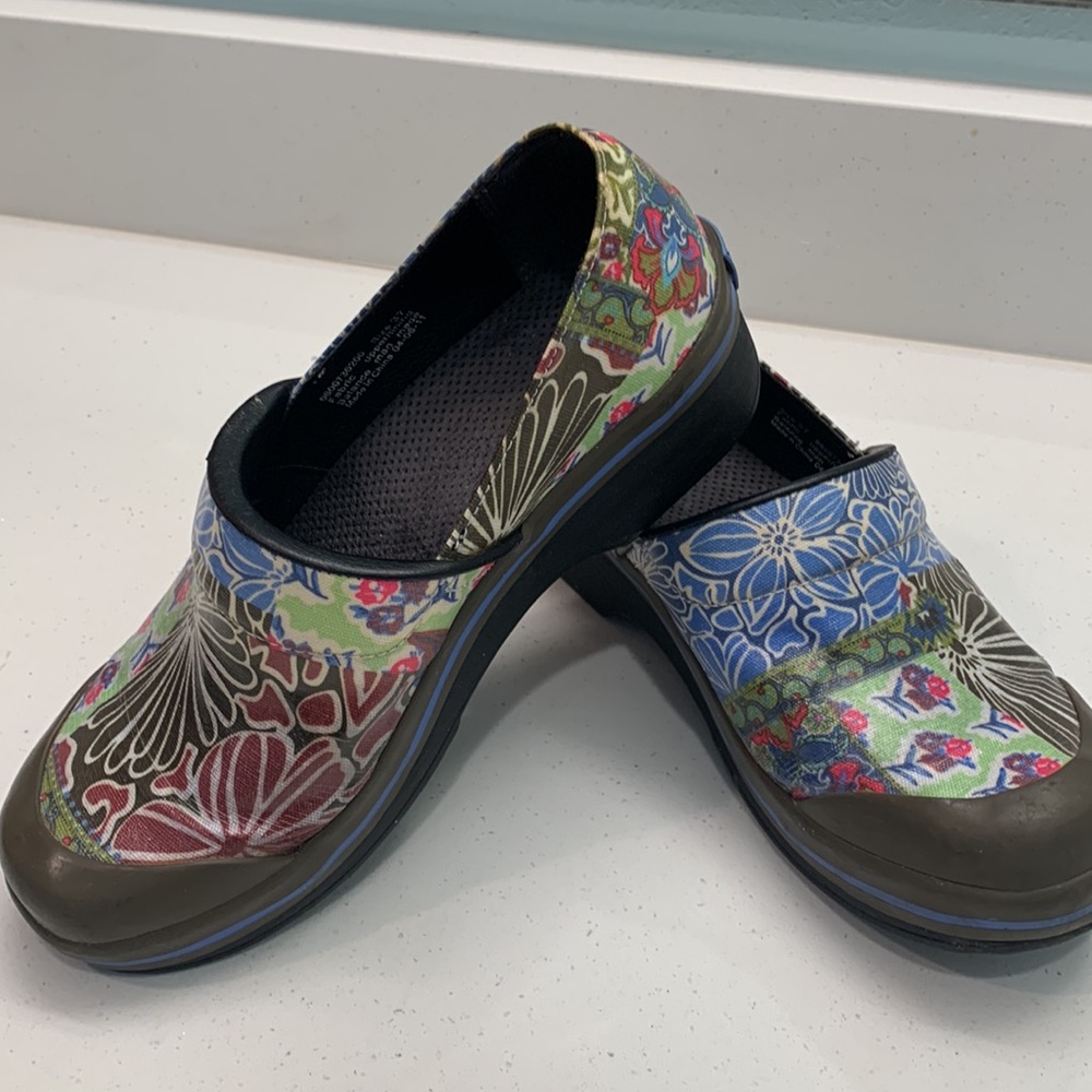 Dansko Vegan Volley Clogs - floral patchwork canvas